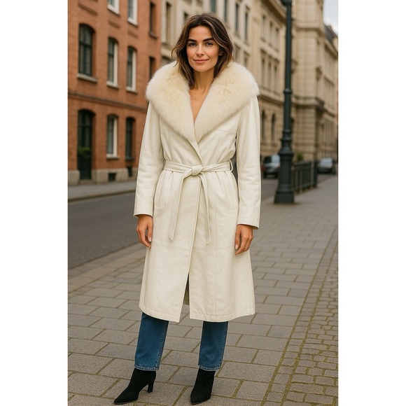 Leathers By New England White Maxi Leather Wrap Coat With Fur Collar Sz L